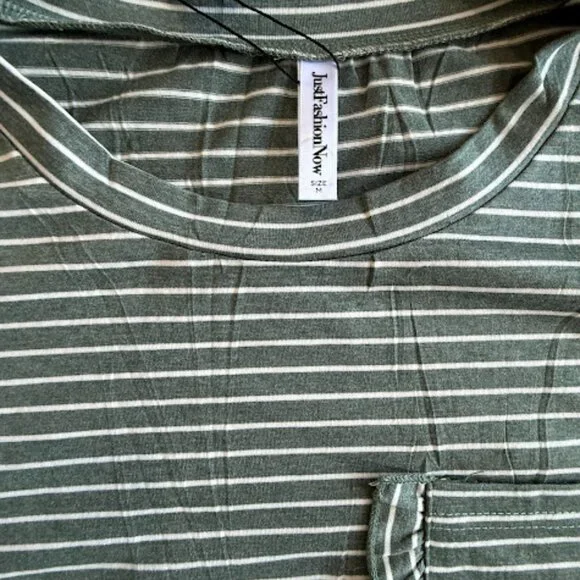 NWT Olive Green Striped Ruffle Sleeve Tee Womens Casual Pocket Top Size M - Picture 4 of 13